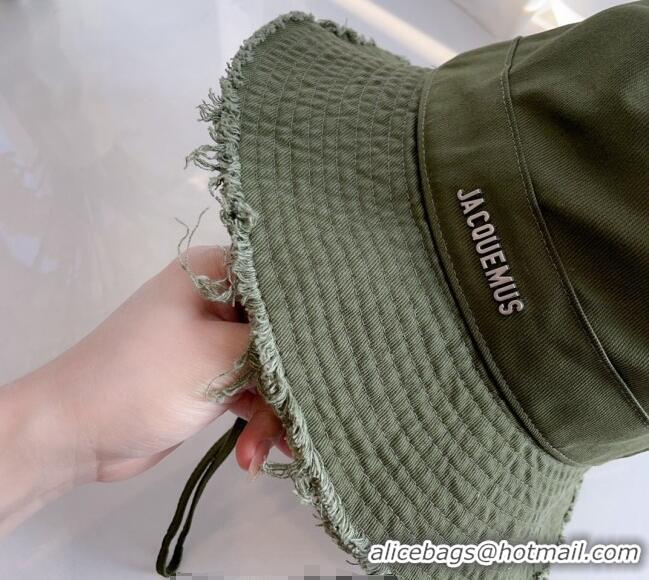 Best Price Jacquemus Canvas Bucket Hat with Fringe and Strap J3003 Green 2024