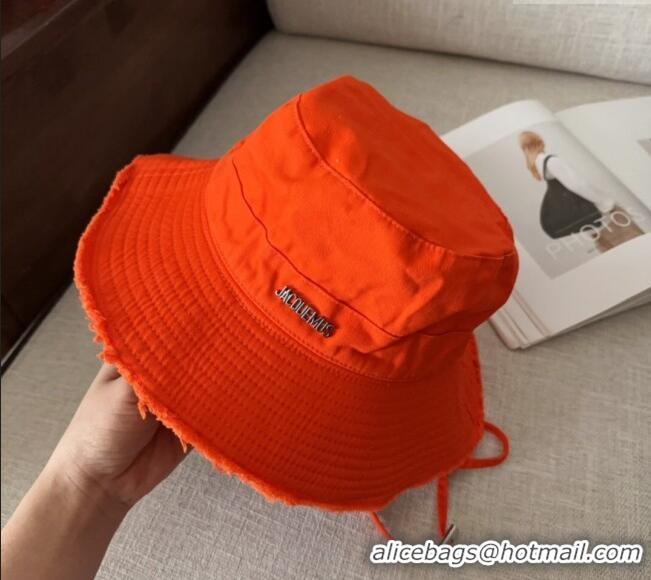 Shop Best Jacquemus Canvas Bucket Hat with Fringe and Strap J3003 Bright Orange 2025