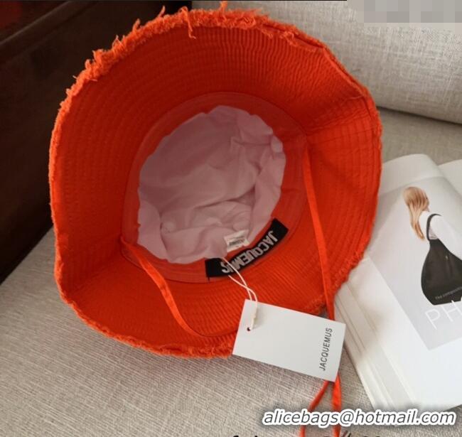 Shop Best Jacquemus Canvas Bucket Hat with Fringe and Strap J3003 Bright Orange 2025