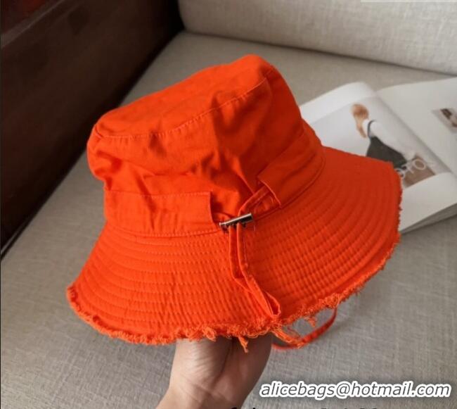 Shop Best Jacquemus Canvas Bucket Hat with Fringe and Strap J3003 Bright Orange 2025