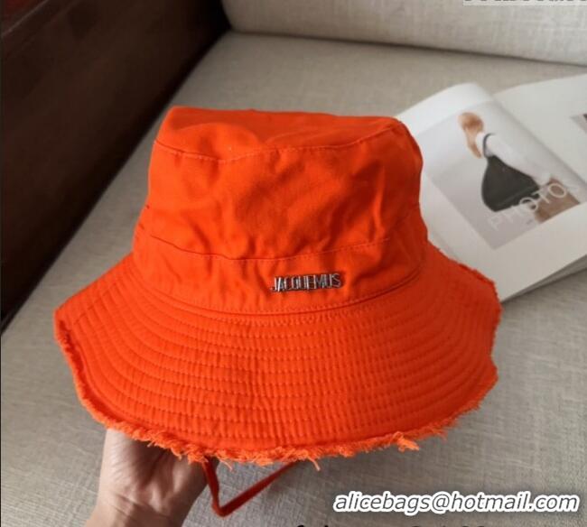 Shop Best Jacquemus Canvas Bucket Hat with Fringe and Strap J3003 Bright Orange 2025