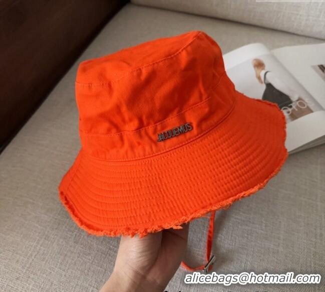 Shop Best Jacquemus Canvas Bucket Hat with Fringe and Strap J3003 Bright Orange 2025