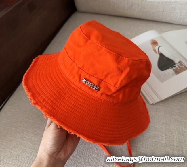 Shop Best Jacquemus Canvas Bucket Hat with Fringe and Strap J3003 Bright Orange 2025