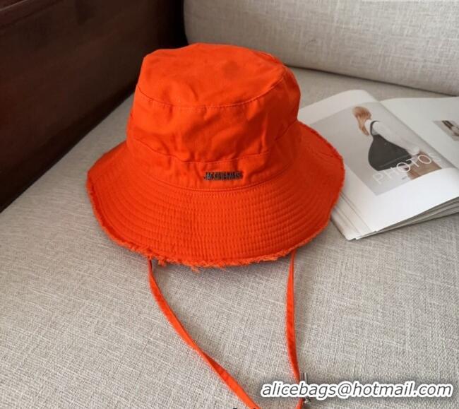 Shop Best Jacquemus Canvas Bucket Hat with Fringe and Strap J3003 Bright Orange 2025