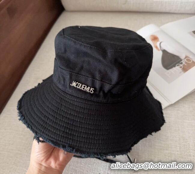 Top Grade Jacquemus Canvas Bucket Hat with Fringe and Strap J3003 Black 2025