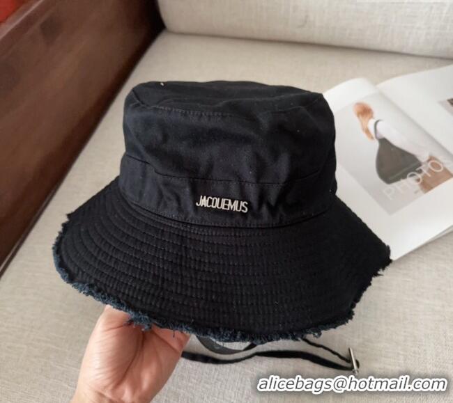 Top Grade Jacquemus Canvas Bucket Hat with Fringe and Strap J3003 Black 2025