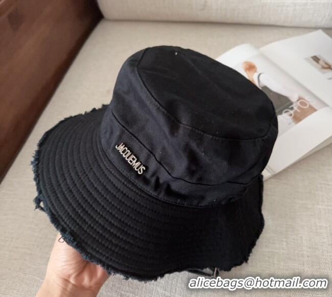 Top Grade Jacquemus Canvas Bucket Hat with Fringe and Strap J3003 Black 2025