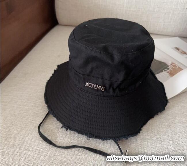 Top Grade Jacquemus Canvas Bucket Hat with Fringe and Strap J3003 Black 2025