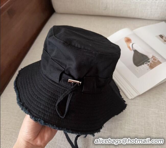 Top Grade Jacquemus Canvas Bucket Hat with Fringe and Strap J3003 Black 2025