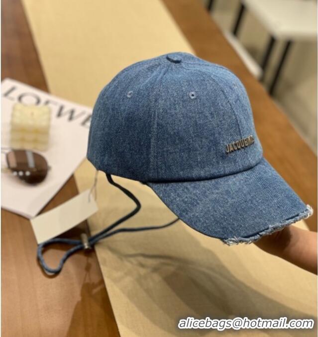Top Design Jacquemus Denim Baseball Hat with Strap J3004 Blue 2025