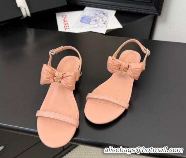Most Popular Chanel Lambskin Heel Sandals 4cm with Bow Pink2 2025 G46193