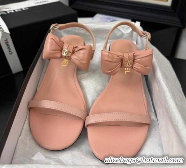 Most Popular Chanel Lambskin Heel Sandals 4cm with Bow Pink2 2025 G46193
