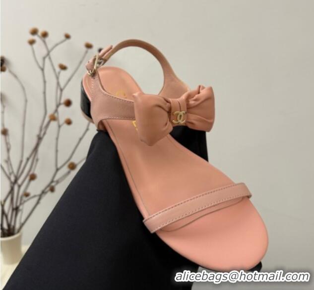Most Popular Chanel Lambskin Heel Sandals 4cm with Bow Pink2 2025 G46193