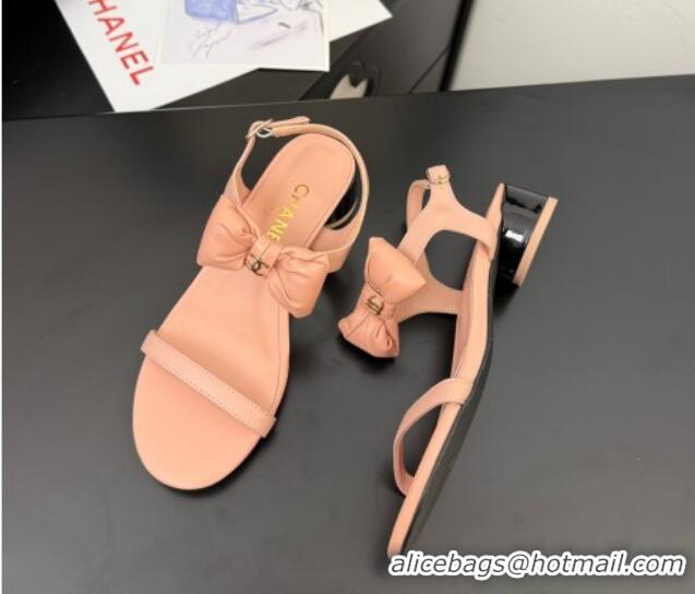 Most Popular Chanel Lambskin Heel Sandals 4cm with Bow Pink2 2025 G46193