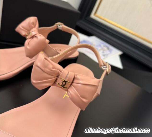 Most Popular Chanel Lambskin Heel Sandals 4cm with Bow Pink2 2025 G46193