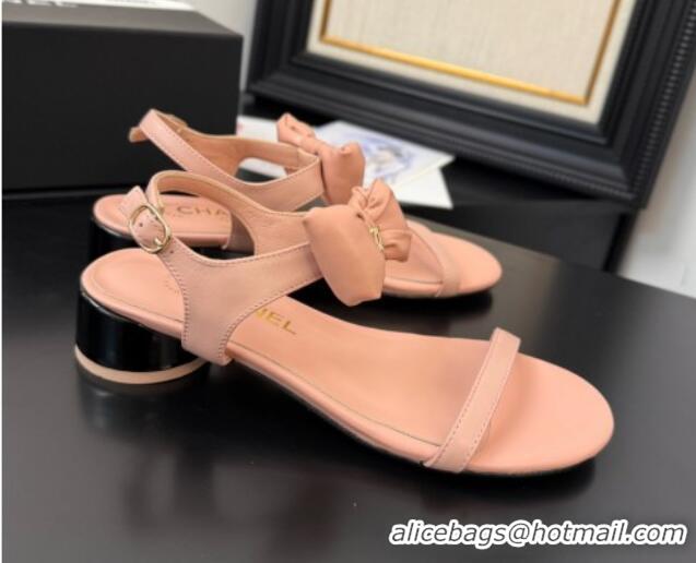 Most Popular Chanel Lambskin Heel Sandals 4cm with Bow Pink2 2025 G46193