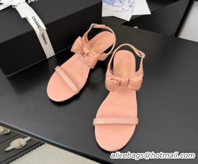 Most Popular Chanel Lambskin Heel Sandals 4cm with Bow Pink2 2025 G46193