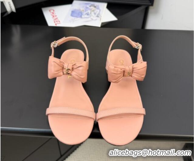 Most Popular Chanel Lambskin Heel Sandals 4cm with Bow Pink2 2025 G46193