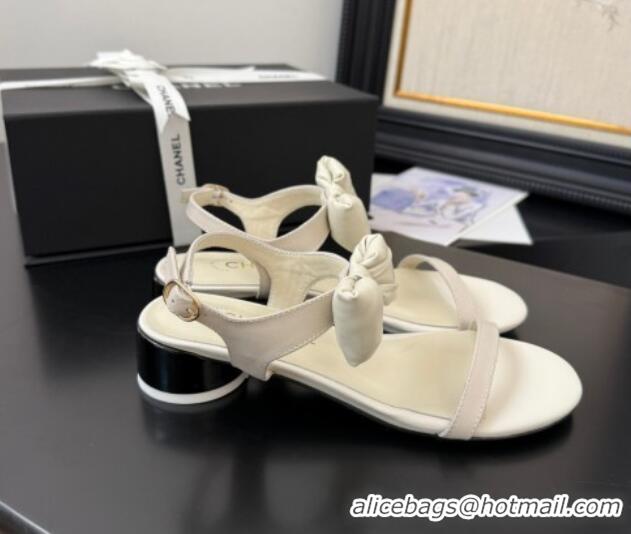 Charming Chanel Lambskin Heel Sandals 4cm with Bow White 2025 G46193