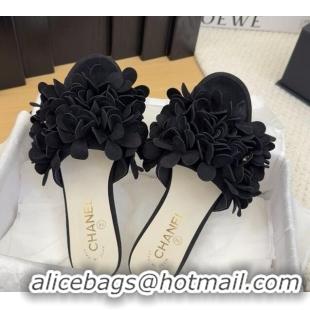 Sumptuous Chanel Suede & Strass Flat Slides Sandal with Bloom G46231 Black