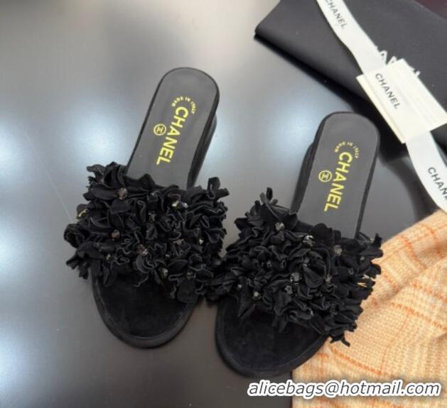 Sumptuous Chanel Suede & Strass Flat Slides Sandal with Bloom G46231 Black