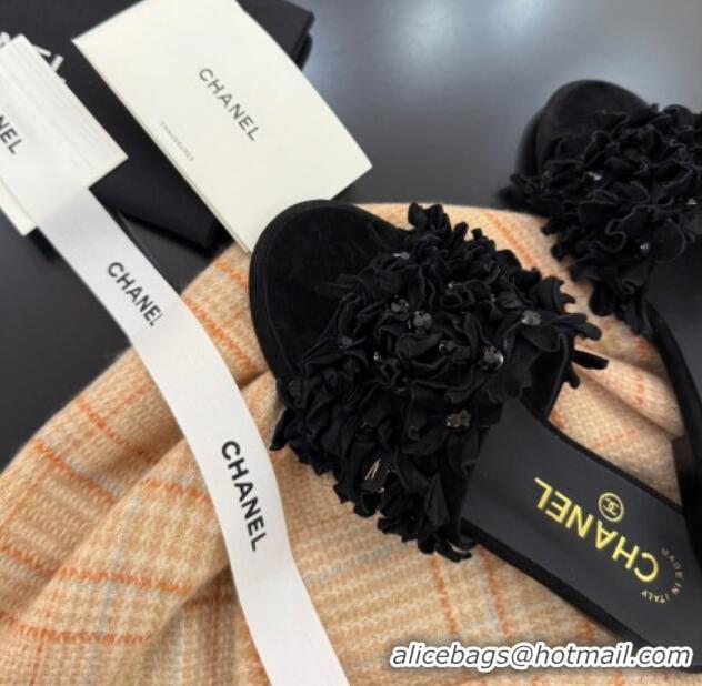 Sumptuous Chanel Suede & Strass Flat Slides Sandal with Bloom G46231 Black