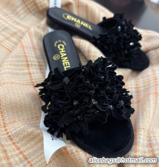 Sumptuous Chanel Suede & Strass Flat Slides Sandal with Bloom G46231 Black
