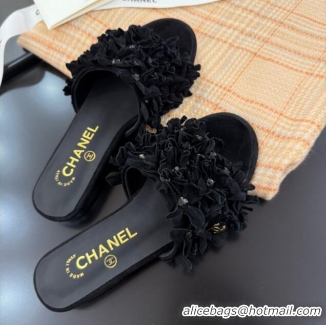 Sumptuous Chanel Suede & Strass Flat Slides Sandal with Bloom G46231 Black