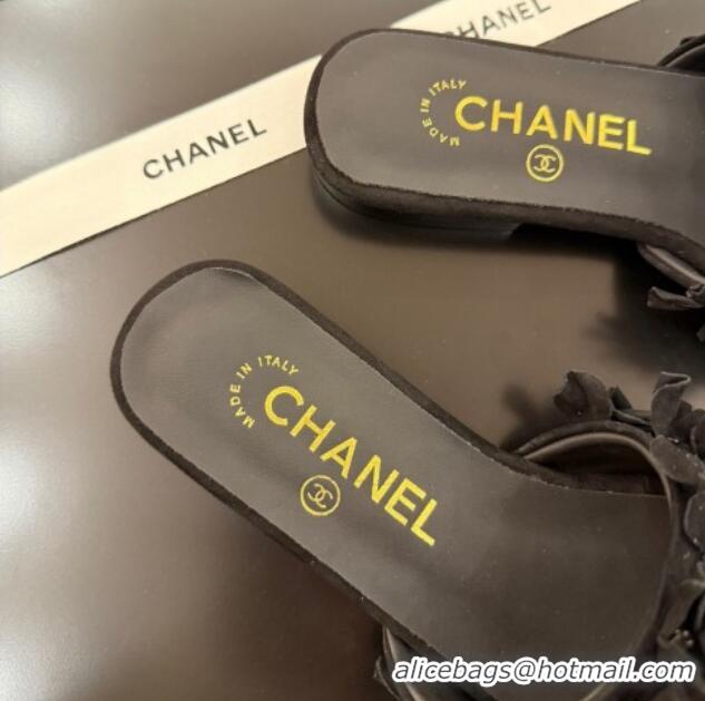 Sumptuous Chanel Suede & Strass Flat Slides Sandal with Bloom G46231 Black