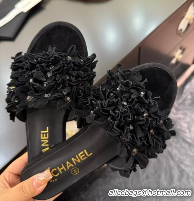Sumptuous Chanel Suede & Strass Flat Slides Sandal with Bloom G46231 Black