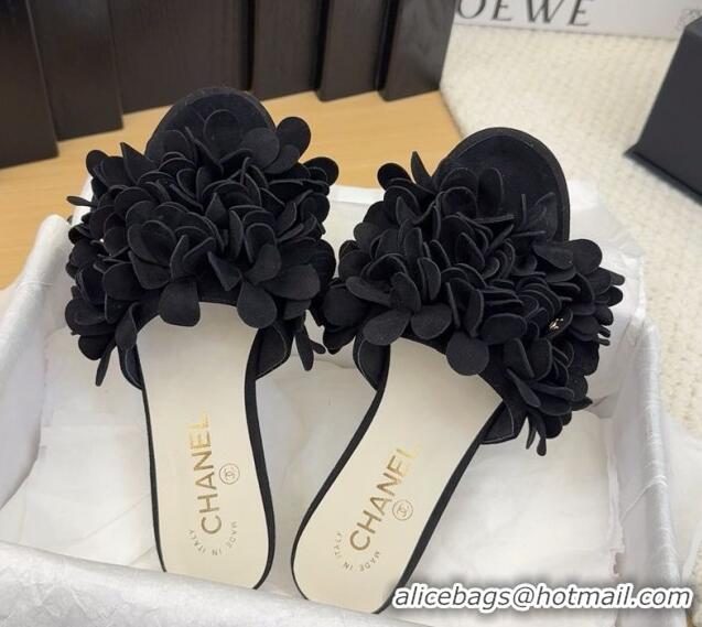 Sumptuous Chanel Suede & Strass Flat Slides Sandal with Bloom G46231 Black