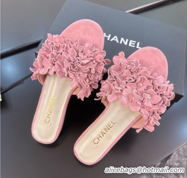 Perfect Chanel Suede & Strass Flat Slides Sandal with Bloom G46231 Light Pink