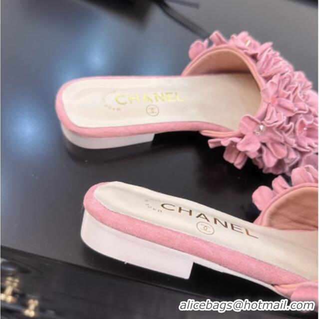 Perfect Chanel Suede & Strass Flat Slides Sandal with Bloom G46231 Light Pink