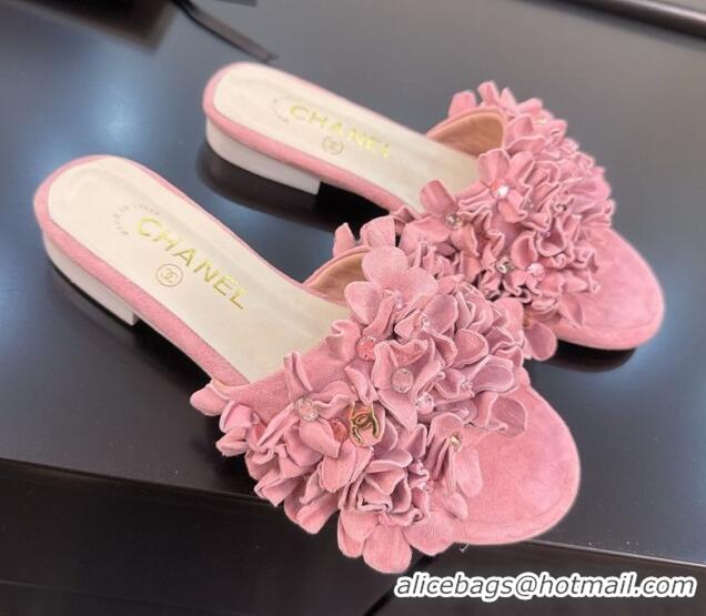 Perfect Chanel Suede & Strass Flat Slides Sandal with Bloom G46231 Light Pink