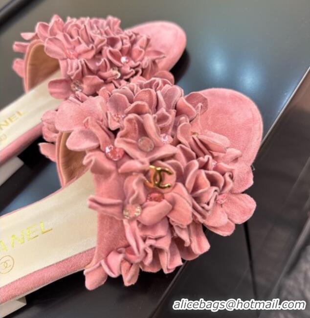 Perfect Chanel Suede & Strass Flat Slides Sandal with Bloom G46231 Light Pink