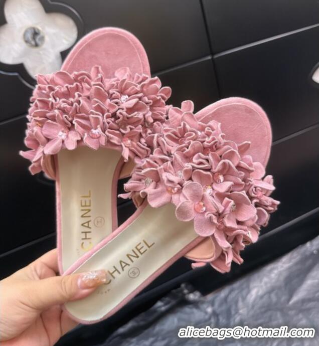 Perfect Chanel Suede & Strass Flat Slides Sandal with Bloom G46231 Light Pink