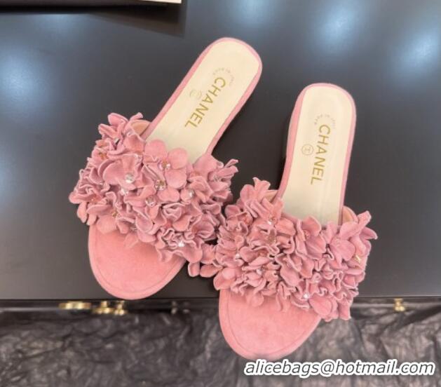 Perfect Chanel Suede & Strass Flat Slides Sandal with Bloom G46231 Light Pink