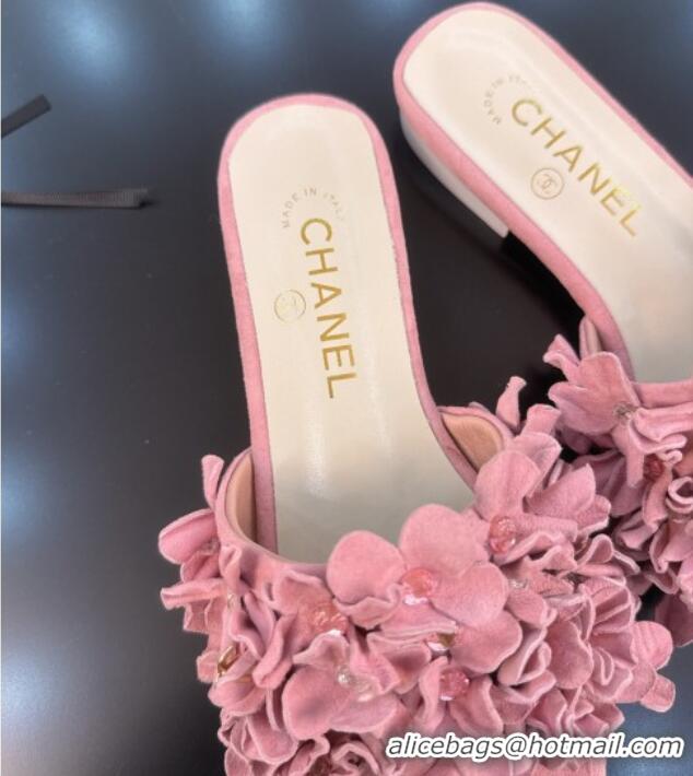 Perfect Chanel Suede & Strass Flat Slides Sandal with Bloom G46231 Light Pink