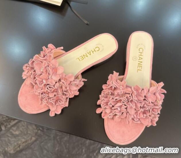 Perfect Chanel Suede & Strass Flat Slides Sandal with Bloom G46231 Light Pink