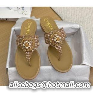 Shop Cheap Chanel Tweed Flat Slide Sandals with Circle Charm Apricot 2025 CH041603