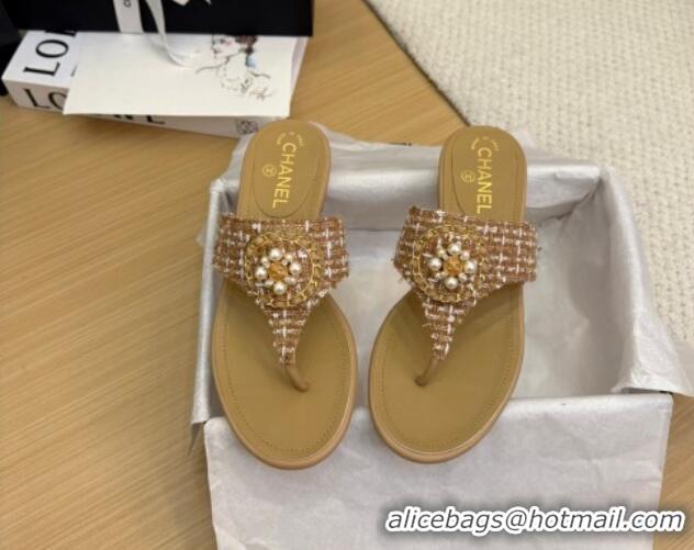 Shop Cheap Chanel Tweed Flat Slide Sandals with Circle Charm Apricot 2025 CH041603