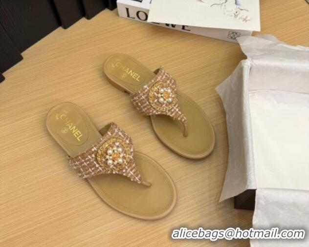 Shop Cheap Chanel Tweed Flat Slide Sandals with Circle Charm Apricot 2025 CH041603