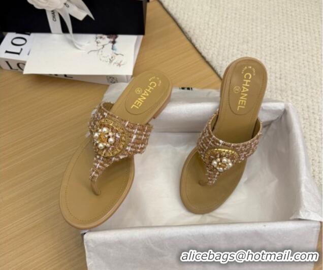 Shop Cheap Chanel Tweed Flat Slide Sandals with Circle Charm Apricot 2025 CH041603