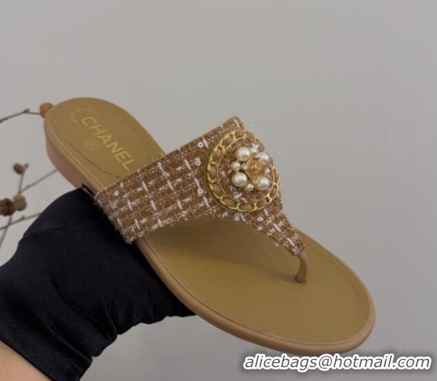 Shop Cheap Chanel Tweed Flat Slide Sandals with Circle Charm Apricot 2025 CH041603