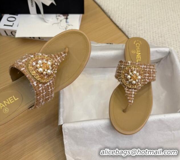 Shop Cheap Chanel Tweed Flat Slide Sandals with Circle Charm Apricot 2025 CH041603
