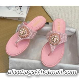 Best Grade Chanel Tweed Flat Slide Sandals with Circle Charm Light Pink 2025 CH041603