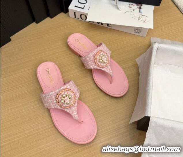 Best Grade Chanel Tweed Flat Slide Sandals with Circle Charm Light Pink 2025 CH041603