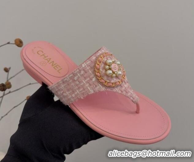 Best Grade Chanel Tweed Flat Slide Sandals with Circle Charm Light Pink 2025 CH041603