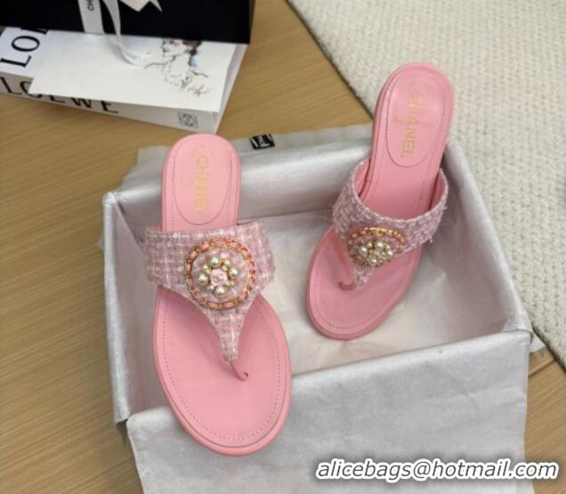 Best Grade Chanel Tweed Flat Slide Sandals with Circle Charm Light Pink 2025 CH041603