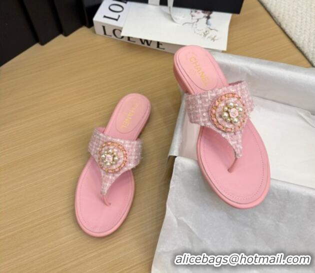 Best Grade Chanel Tweed Flat Slide Sandals with Circle Charm Light Pink 2025 CH041603